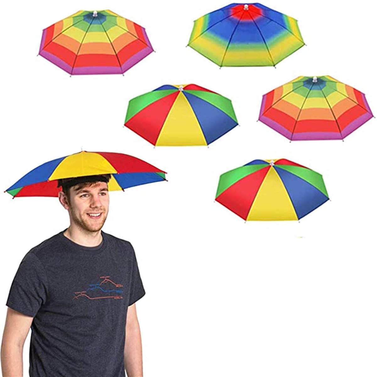 TSY TOOL 5 Pack Umbrella Hat With Head Strap, Funny Rainbow Colorful Waterproof Fishing Umbrella Beach Party Adjustable Size Fits For All Ages, Kids, Men & Women - (Patterns May Vary)