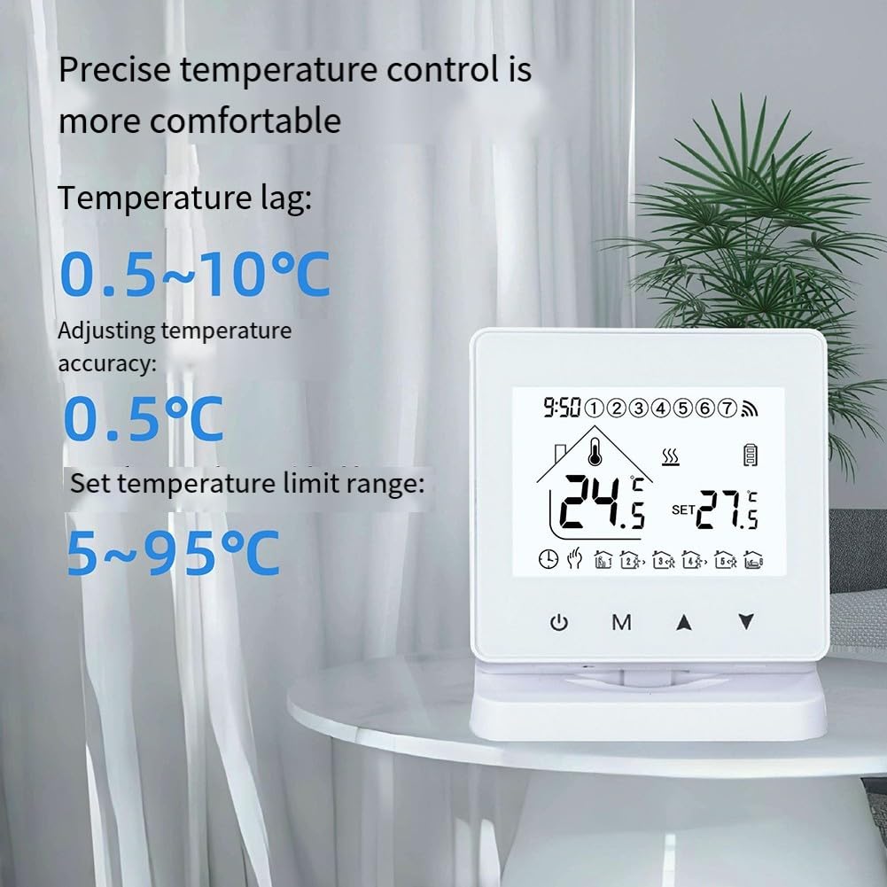 RF433 Termostato inalámbrico de calefacción por suelo para caldera de pared, 5-95 ℃ ajustable con 0,5 ℃ para precisión, manual/para modos automáticos, bloqueo infantil, blanco