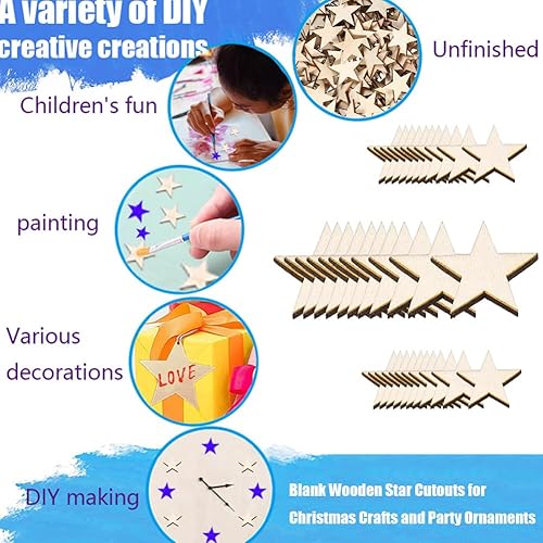 Miniatura 5 de 100 piezas de estrellas de madera de 2 pulgadas con forma de estrellas de madera sin terminar, recortes de estrellas de madera en blanco para