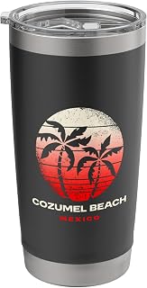 Cozumel Beach Mexico Retro Sunset Palm Beach Silhouette Stainless Steel Insulated Tumbler