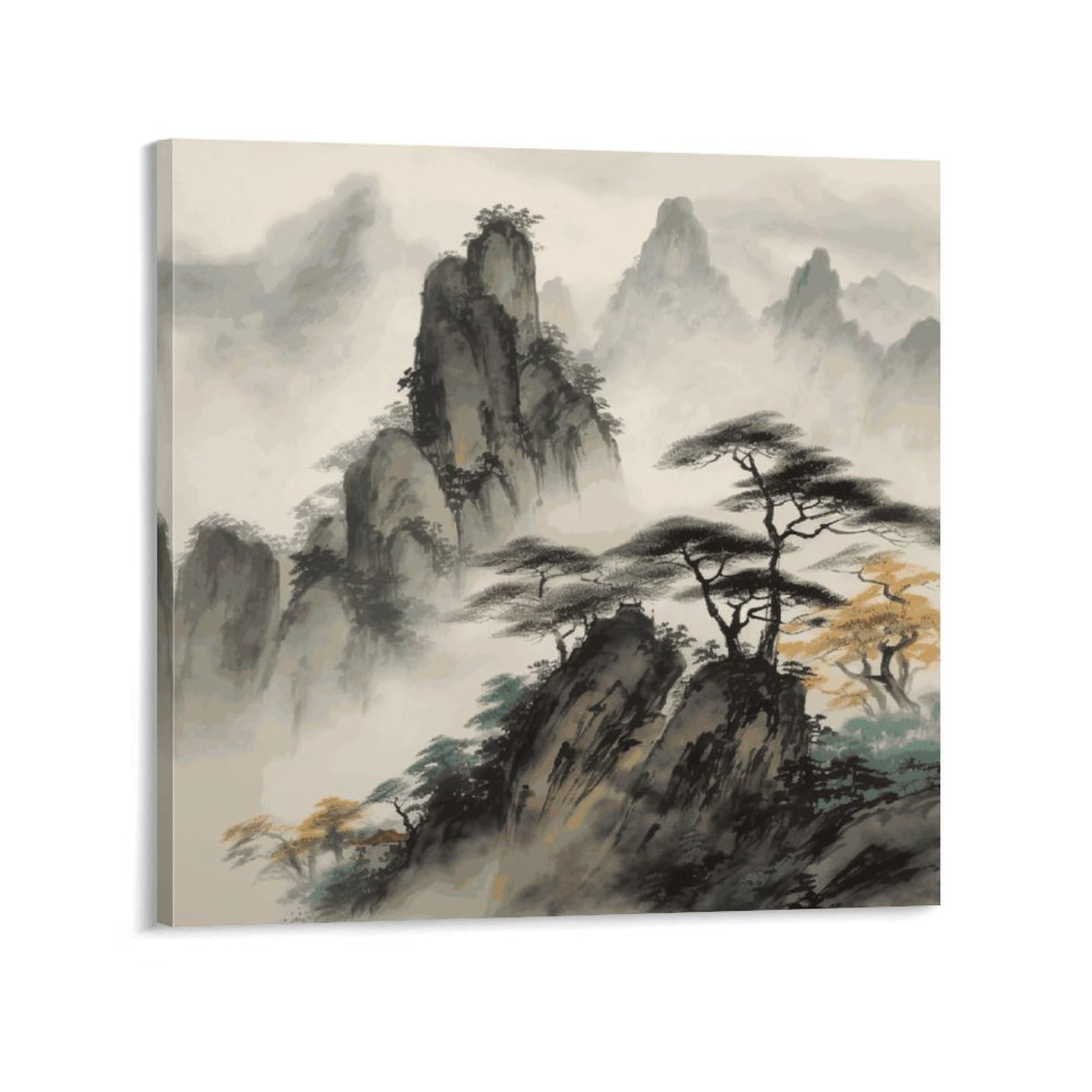 KLOPH Chinese Landscape Painting Canvas Wall Art for Living Room 08x8inch Modern Artwork Painting for Bathroom Hanging Canvas Prints Aesthetic Wallart for Bedroom Kitchen Office Wall Decor