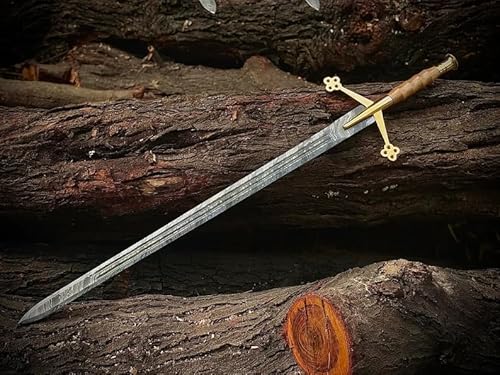 Medieval Templar Stainless Steel and Damascus Steel Sword | Scottich Claymore Long Hand Stainless Steel and Damascus Steel Sword with Leather Sheath (Damascus Claymore)