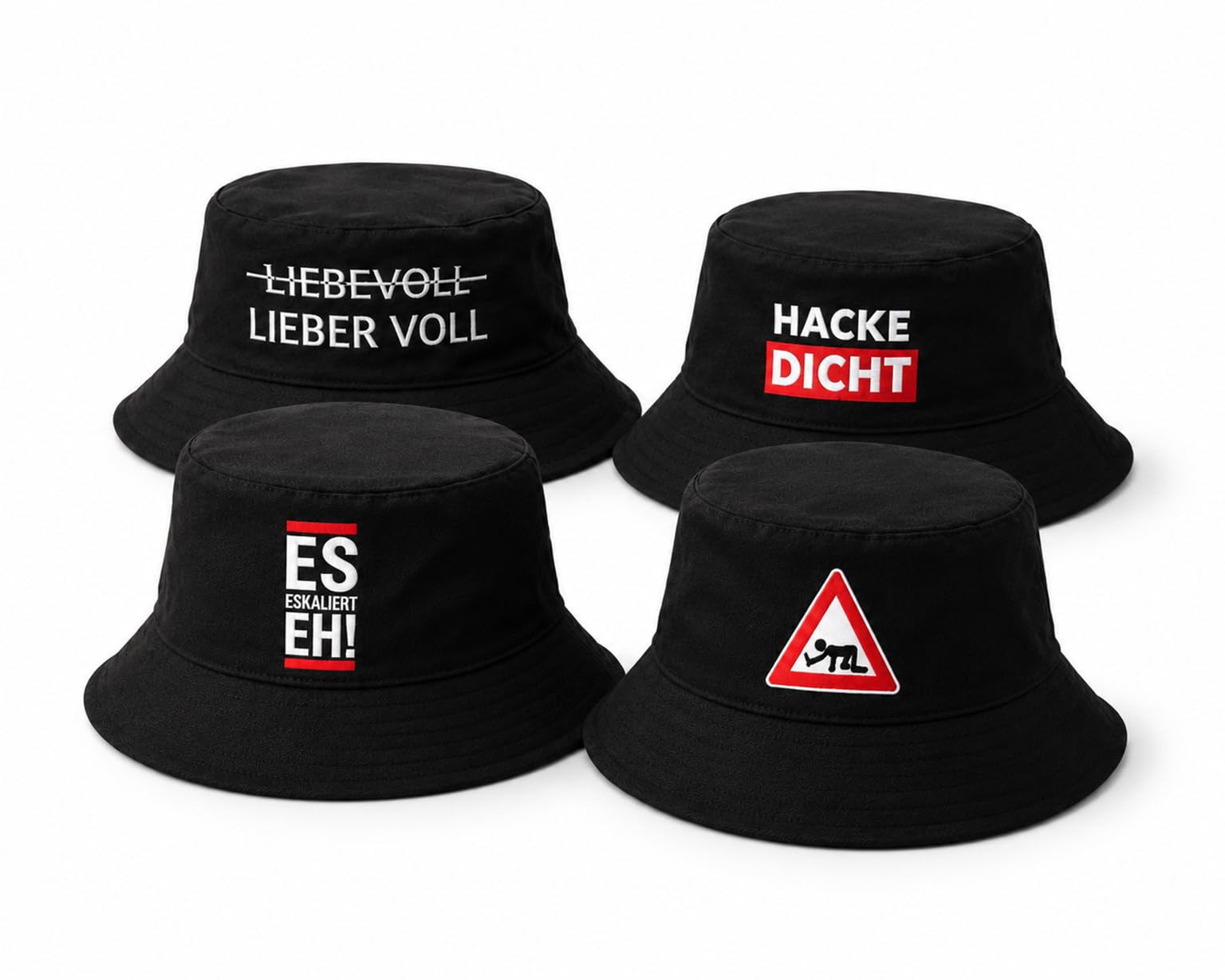 KAMACA 4er Set Fischerhut Partyhut mit Spruch – Bucket Hat – Lustige Partyhüte für Festival, Mallorca Urlaub, JGA, Strand & Sommerparty – Einheitsgröße Unisex