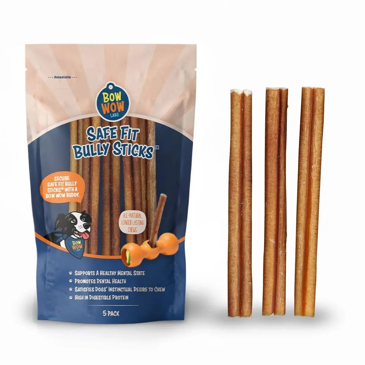 Bow Wow Labs 12" Bully Sticks for Dogs | 100% All Natural, Grass-Fed, Free-Range Beef | Low Odor | Long Lasting Chews | SafeFit | 10 Pack (Thin)