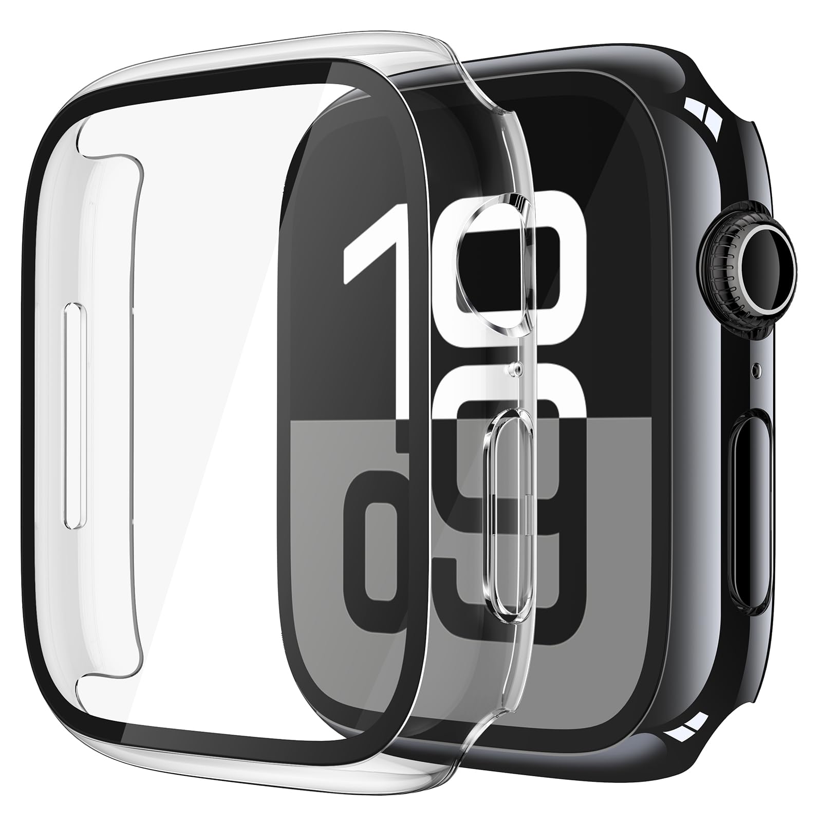 Misxi 2 Pack Tempered Glass Case Compatible for Apple Watch Series 10 (2024) 46mm, Hard PC Screen Protector Overall Protection Scratch-Resistant Cover for iWatch, 1 Jet Black + 1 Transparent