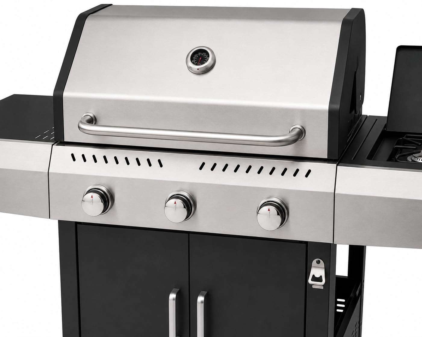 Barbecue a Gas Professionale XXL Da 13 kW con 4 Bruciatori in Acciaio Inox 304 Con Fuoco Laterale Termometro Coperchio Doppio Griglia Di Cottura 65 x 42 Cm Scaldavivande Ruote 135 × 50 × 120 Cm Nero
