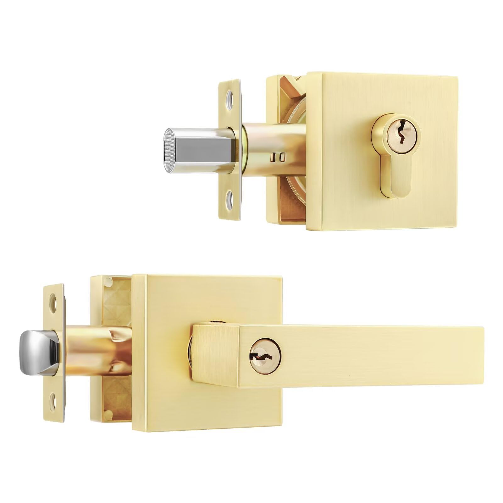 Leydebong 1 Pack Gold Entry Door Locksets with Single Cylinder Deadbolt, Front Door Lock Set, Heavy Duty Entrance Lever Door Handle Single Keyed Square Deadbolt Lock