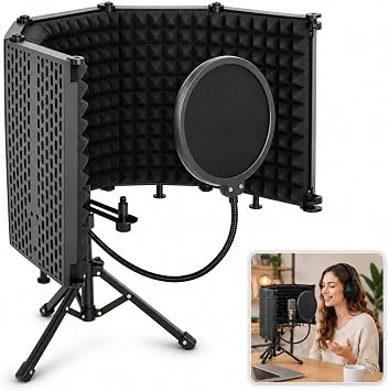 Microphone Isolation Shield with Tripod Stand & Pop Filter for Studio