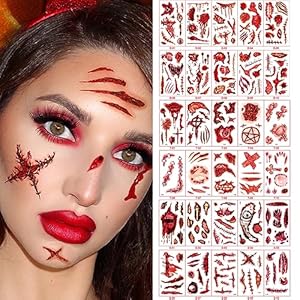 Fake Scars Halloween Temporary Tattoos Face Fake Blood Makeup Fake Scars Cuts, Face Fake Stitches Temporary Tattoos Healthy Makeup 3D Realistic Fake Scratches Blood Scar Tattoo Stitches Sticke 30PCS