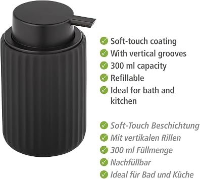 WENKO Belluno Liquid Soap Dispenser Refillable Soap Dispenser Made of High-Quality Ceramic Soap Dispenser with Modern Groove Structure Soft Touch Industrial Black Diameter 8 x 13.5 cm Capacity 300 ml
