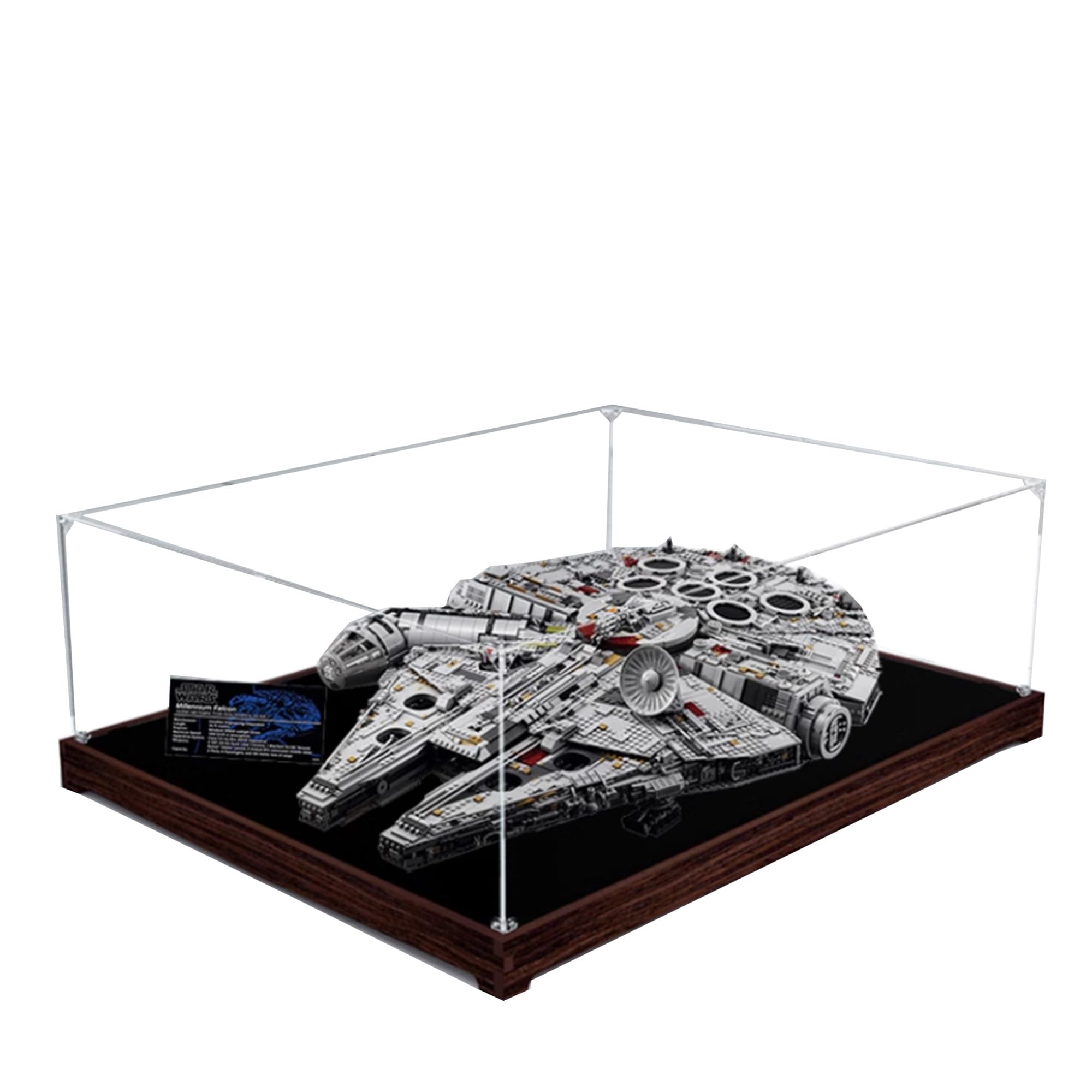 Acrylic Display Case for Lego 75192 Millennium Falcon Building Set,Clear Display Case, Dust-Proof Display Case Compatible with Lego 75192 (Only Display Case) (Flat Placement,Wooden Base B)