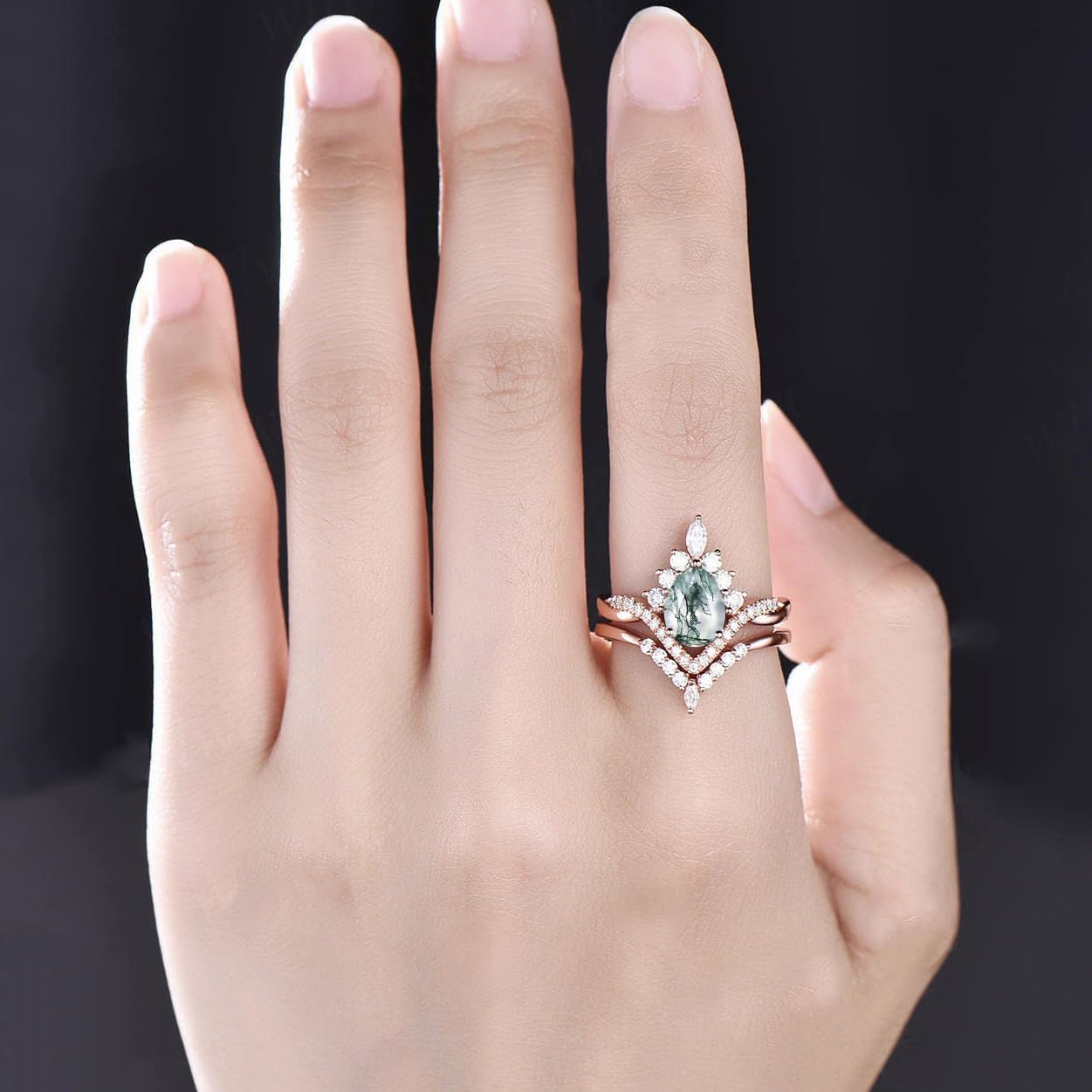 10K 14K 18K Rose Gold 2CT Natural Moss Agate Engagement Ring Set for Women 925 Sterling Silver Genuine Pear Green Moss Agate Leaf Art Deco Bridal Wedding Ring Set (Size 4-15)-6
