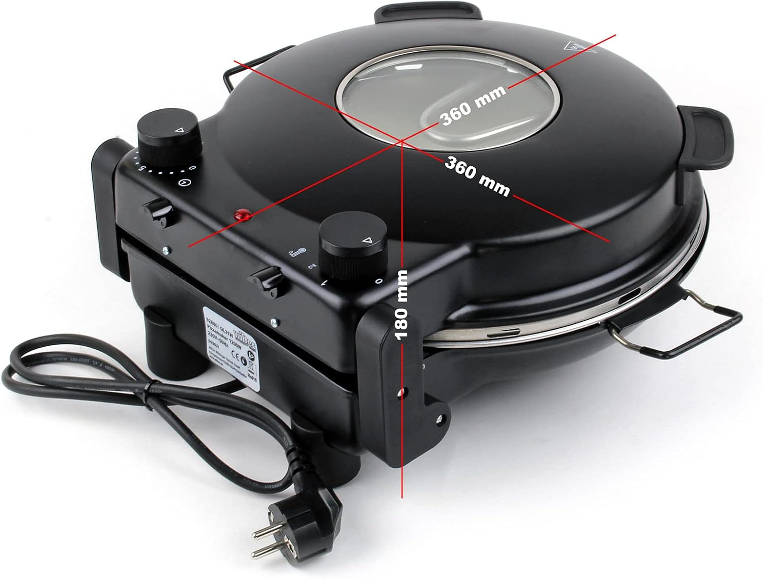 Cuoci pizza Pietra in ceramica Ø32cm Finestra di controllo 2 elementi riscaldanti Max 400° Con timer Cuoci pizza Pietra in ceramica Ø32cm Finestra di controllo 2 elementi riscaldanti Max 400° Con timer