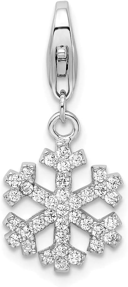 Solid 925 Sterling Silver Cubic Zirconia CZ Snowflake Lobster Clasp Charm (0.43 x 1.34 Inches)