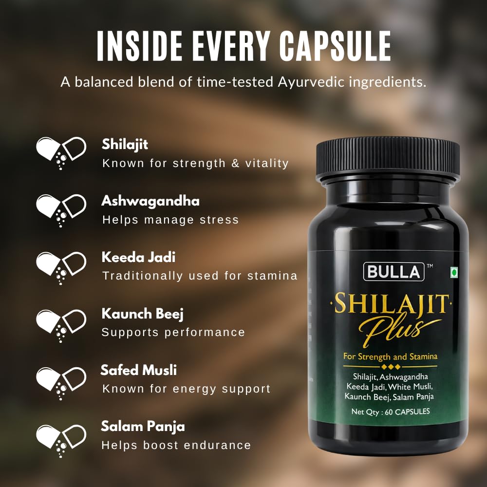 BULLA Shilajit/Shilajeet Gold 60 Capsules | For Stamina, Muscle Growth & Energy | Ashwagandha, Keeda Jadi, Kaunch Beej, Safed Musli, Salam Panja & Other Action Herbs & 100% Ayurvedic — Amazon image 4