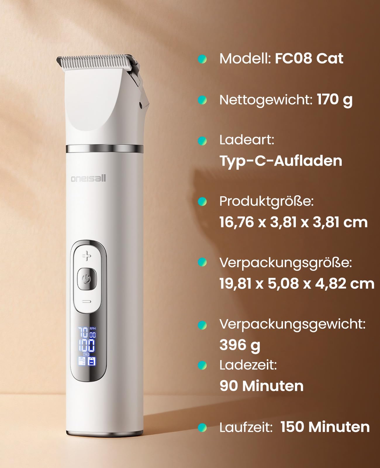 oneisall 3 in 1 Schermaschine Katze Hunde, Pfotentrimmer für Hunde, LCD-Anzeige Leise Katzenrasierer Profi Haarschneidemaschine für Katzen Hunde für Pfoten, Hintern, Gesicht, empfindliche Hautpartien