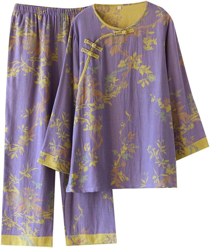 Cotton Women Pajamas Set Button Down Pjs Set Long Shirt Pants Lapel Casual Lounge Set Lightweight Sleepwear