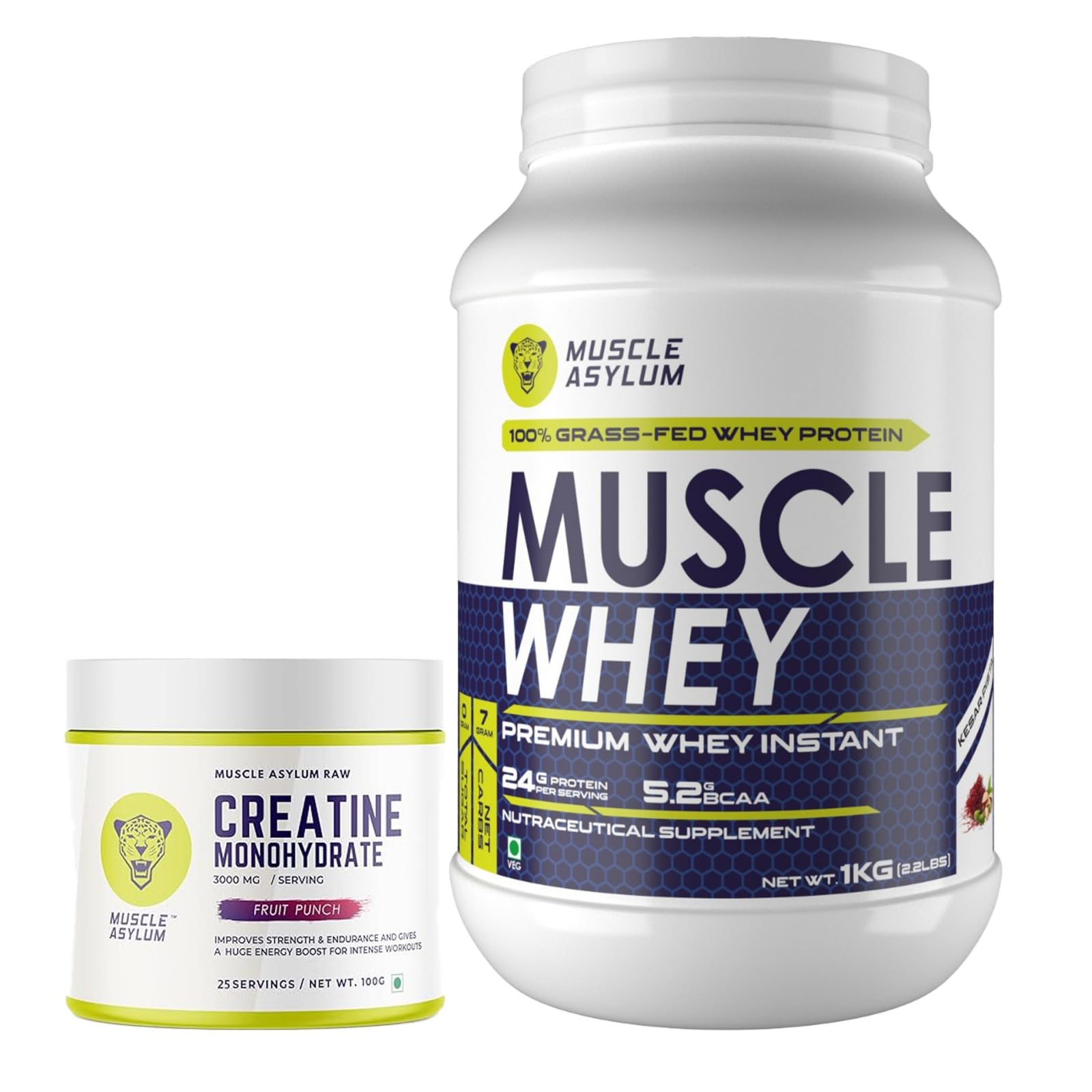 Muscle Asylum Whey Protein 25 Servings, 1kg Double Chocolate Protein | Creatine Fruit Punch 100g | With Genuine Lab Reports | Muscle Building & Recovery | Enhanced Muscle Strength & Power