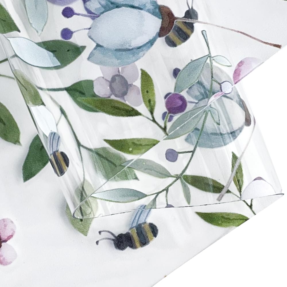 ONEART Rollo de vinilo transparente de la serie Girasol de 12 x 54 pulgadas, tela de TPU impermeable de abejas y flores para bolsos, carteras, acolchados