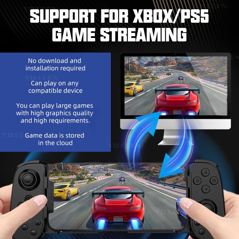 VILCORN controller supporting Xbox and PS5 game streaming, showing a phone connected to a monitor.