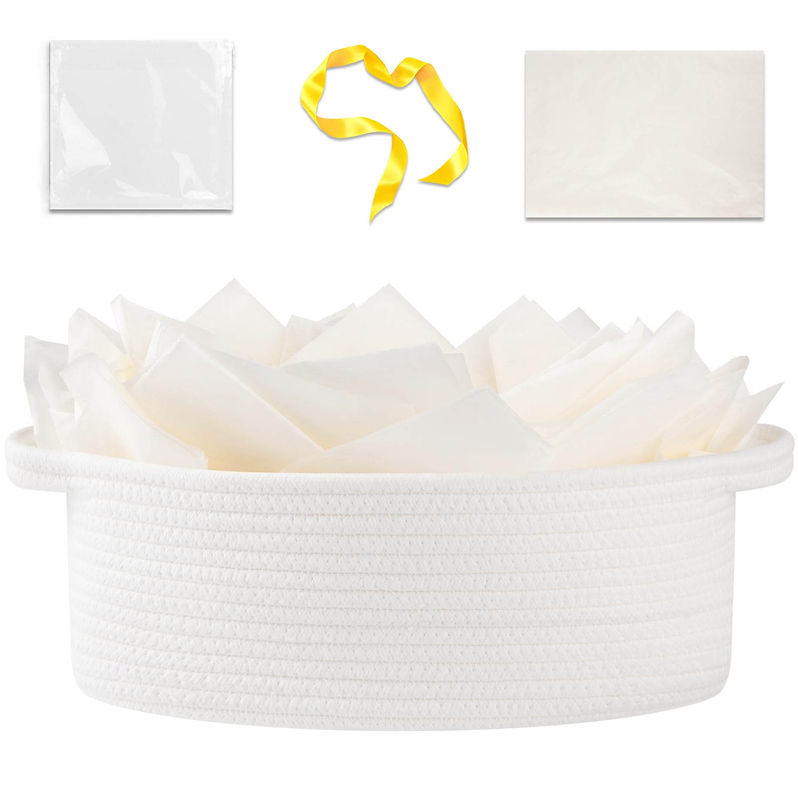 OIAHOMY Gift Basket with Handle, 13.4"x 10"x 5.5" Woven Basket with Gift Bag, Ribbon and Wrap Tissue Paper, Nursery Bins Empty to Fill with Towels,