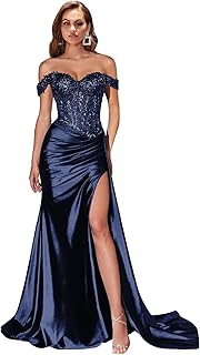 Sparkly Sequin Off The Shoulder Prom Dress Lace Applique Mermaid Formal Evening Dresses with Slit - Buy now