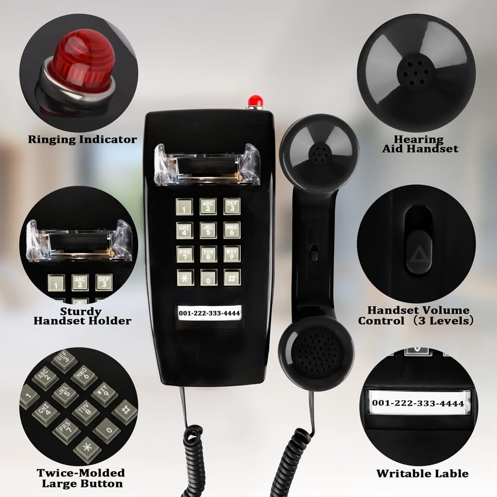 Telefoni da Parete Classici per Rete Fissa con Suoneria Meccanica, Telefono da Parete A Singola 2554 con Indicatore di Segreteria Telefonica Facile da Installare Facile da Usare Nero