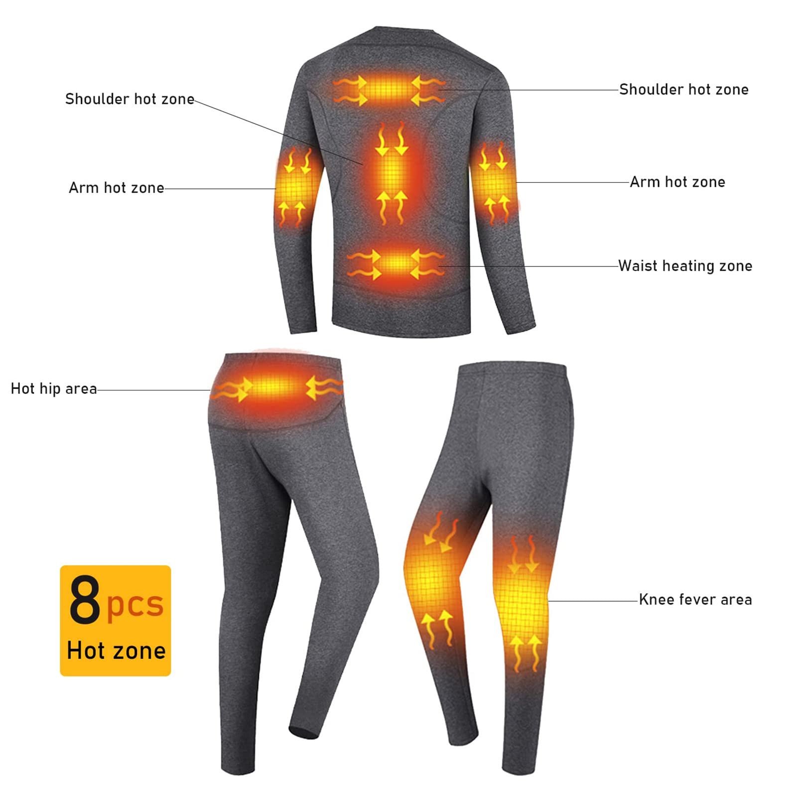 Set Intimo riscaldato Invernale con connessione USB Top e Pantaloni Termici Controllo Intelligente, Temperatura, Tuta Calda (Grigio L)
