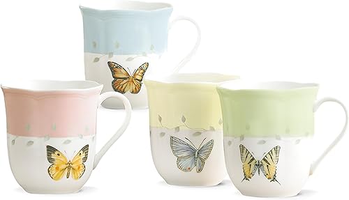 Lenox - Platos para postre de mariposa de pradera, Tazas, set de 4, Blanco