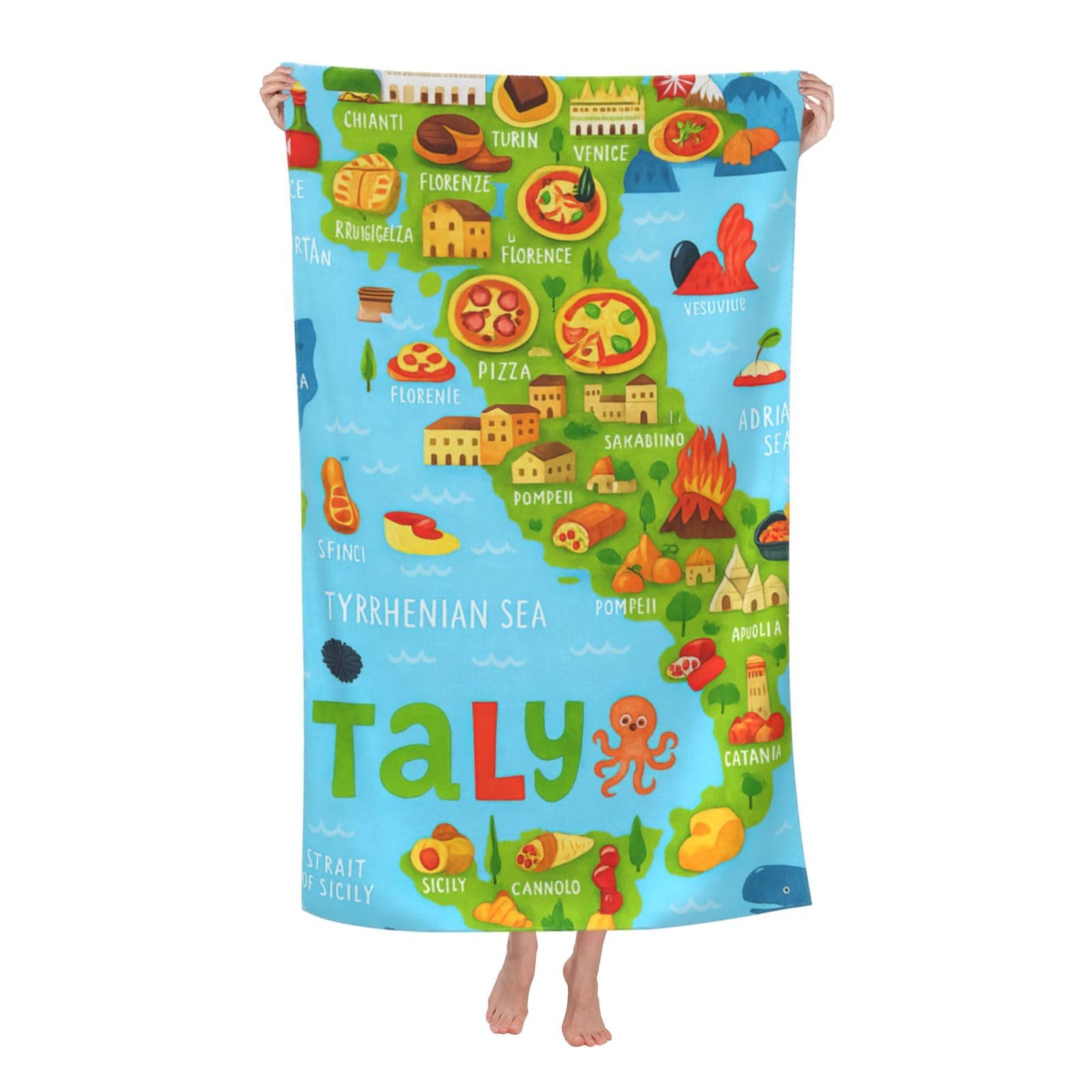 pojknbv Italy Map With Food Icons Print Oversized Adult Beach Towel Quick-Dry Comfortable Lightweight Travel Pool Camping