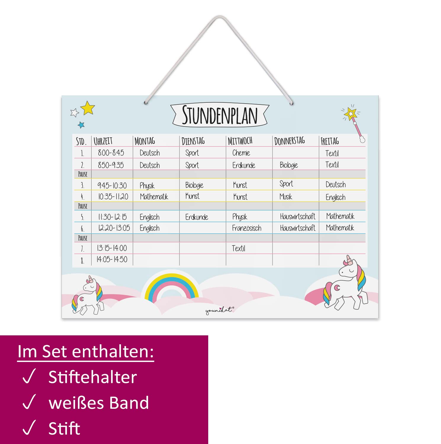 TOBJA Calendario Orario Scolastico Con Unicorno - Lavabile E Riutilizzabile, Adesivo Su Superfici Lisce, Con Penna, Regalo Per Bambine