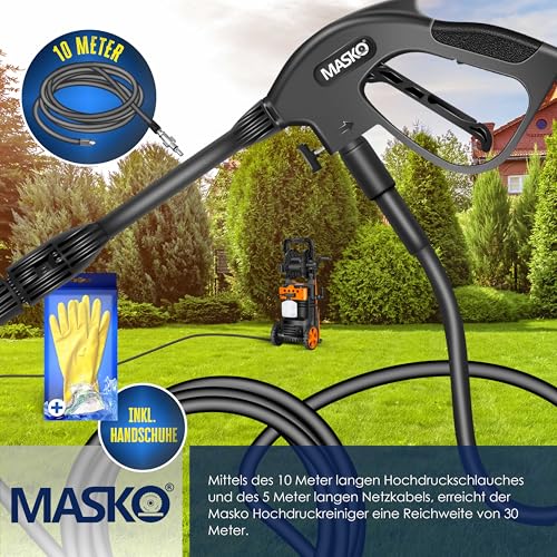 MASKO® Hochdruckreiniger 2200 Watt 165 bar 450 l/h, mit Spule Schlauchtrommel 10m Schlauch 9 TLG Zubehör Set, mit Handschuhen, Seifenflasche, Schaumdüse, Hochdruckpistole für Autos/Zäune/Garten/Patios