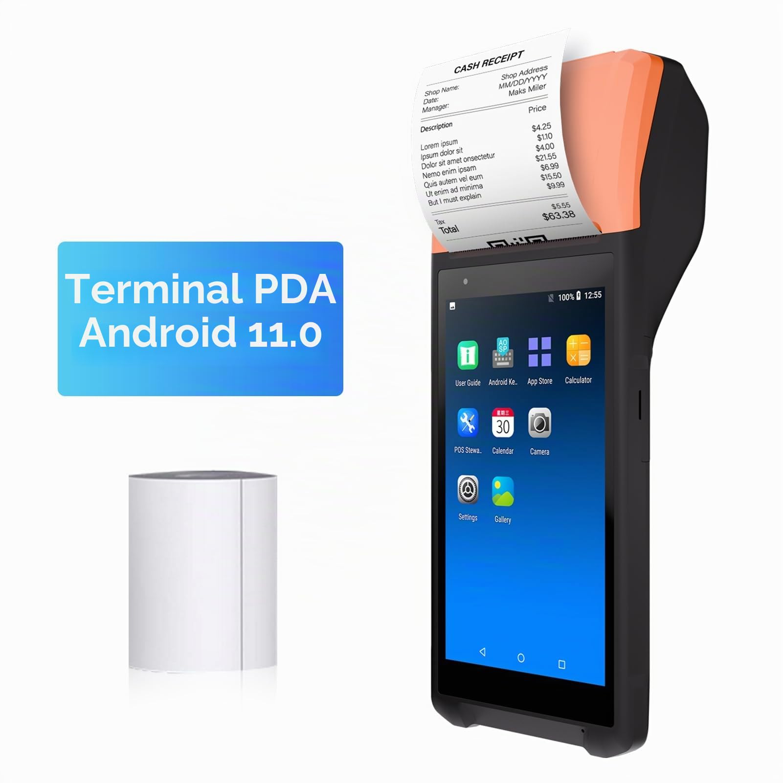 Terminal PDA Compacto 11.0 con Impresora Térmica, Cámara de 2 Megapíxeles, POS Portátil para Inventario Minorista, Escáner de Pago Restaurante con Pantalla Táctil Portátil 5,5" para (Enchufe