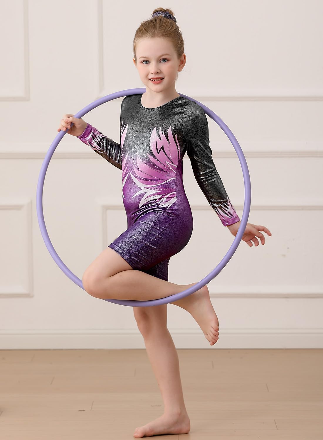Belovance Gymnastics Leotards for Girls Toddler Tumbling Outfits Kids Long Sleeves Biketard Sparkly Diamond Purple Hotpink - Image 3