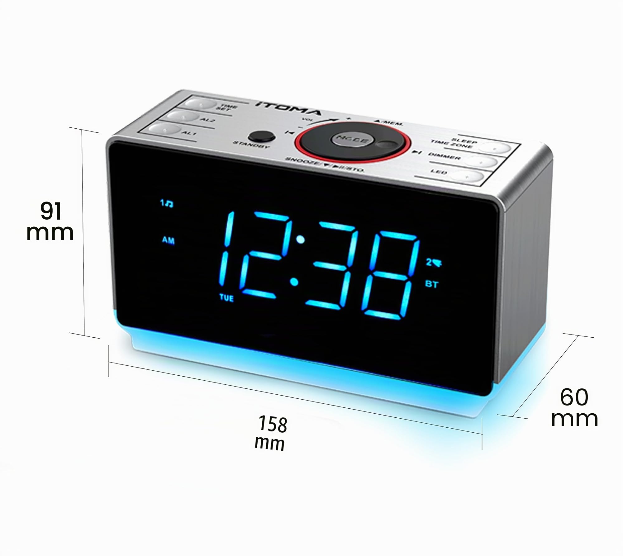 iTOMA Radio réveil avec Haut - Parleurs Bluetooth, Radio FM, Double Alarme avec Snooze, Grand écran LED, Contrôle de Gradation, Sortie de Charge USB et Veilleuse CKS708