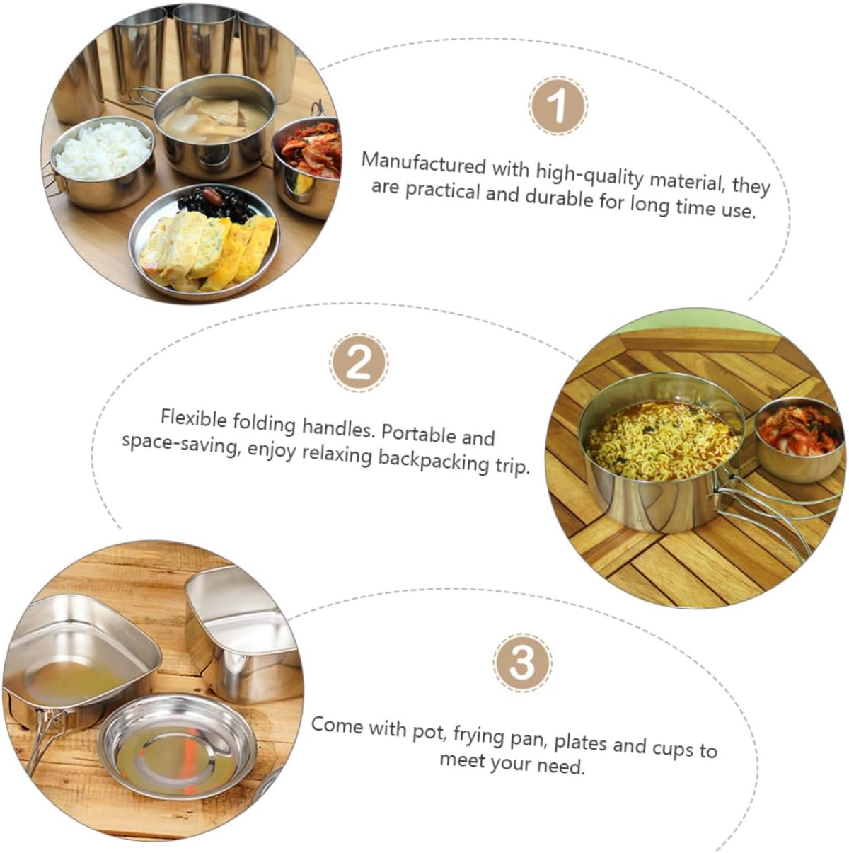 POPETPOP 6-Piece Outdoor Camping Cookware Set Portable Stainless Steel Pots and Pans for Backpacking Hiking and Picnics