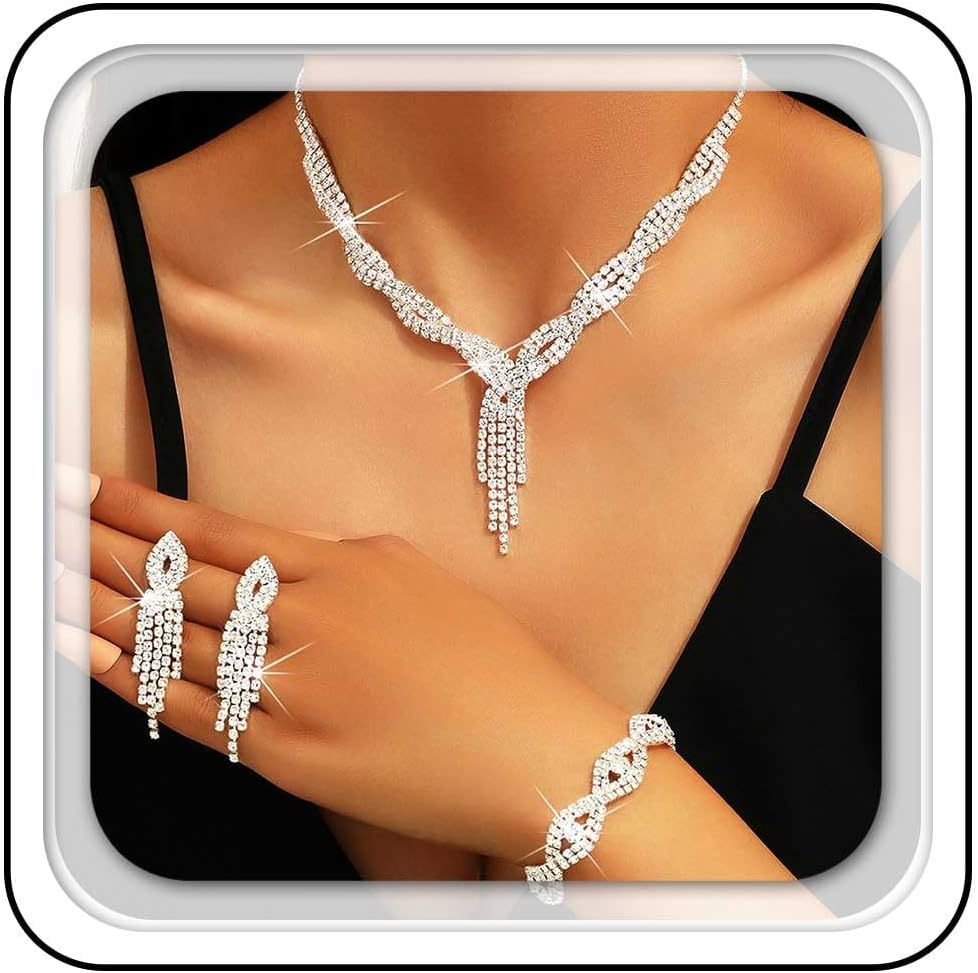 Aukmla Rhinestones Prom Bridal Jewelry Set Sparkly Wedding Necklace Earrings Bracelet Sets for Women and Brides