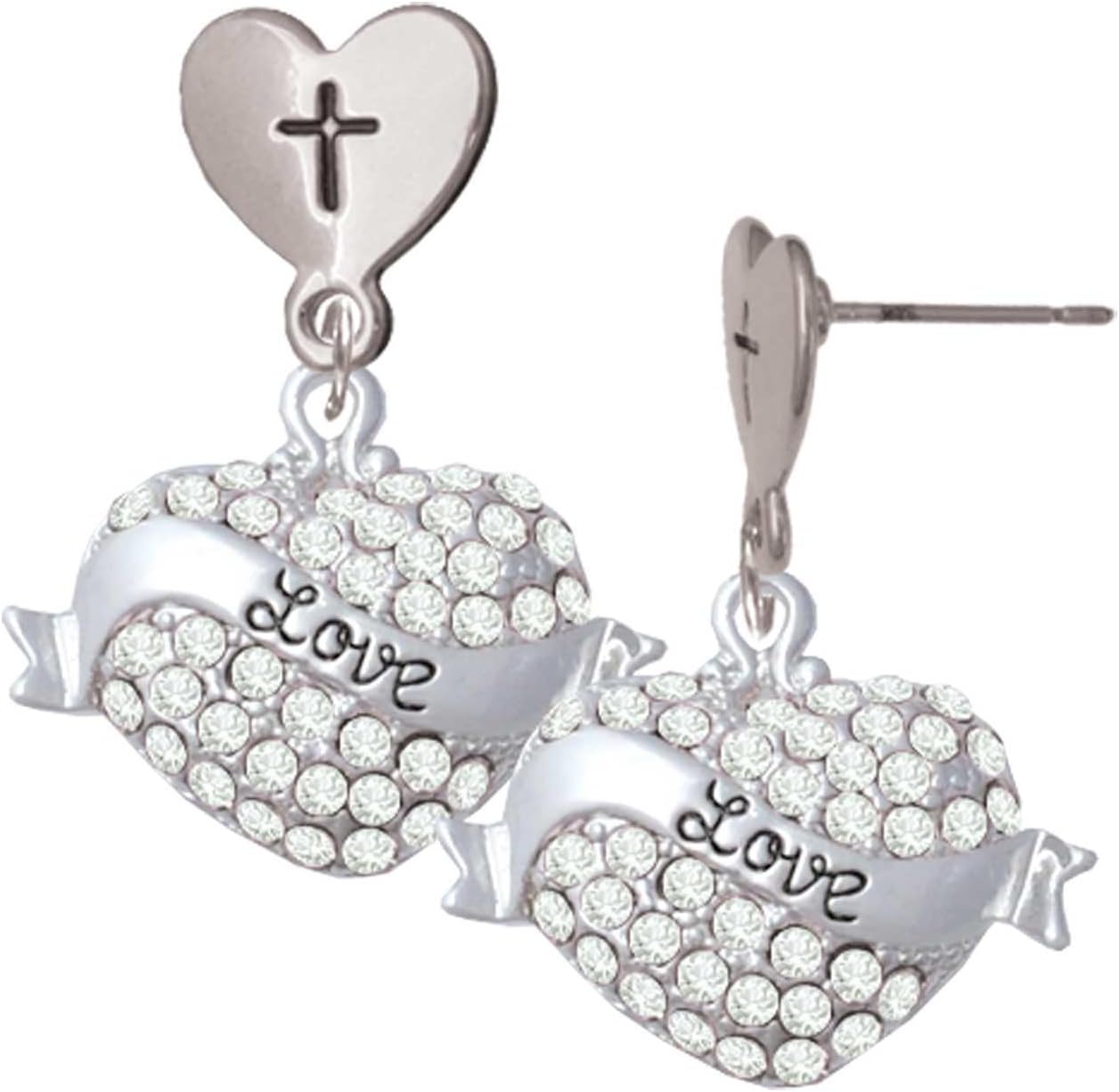 Delight Jewelry Silvertone Love Banner on Crystal Heart Cross in Heart Post Dangle Earrings
