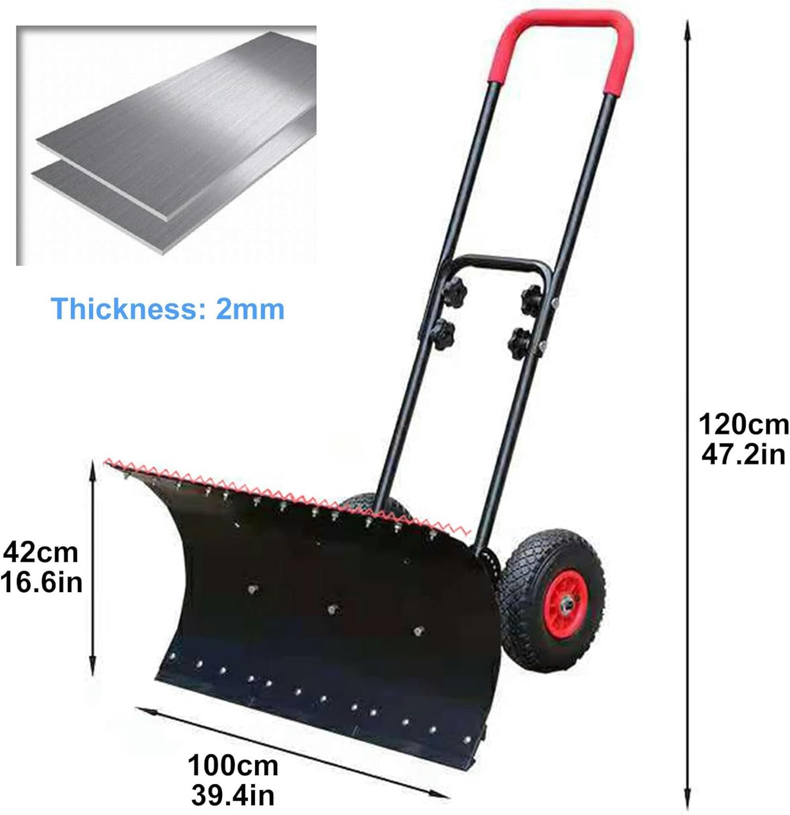 Schneeschaufel-Schieber zum Schneeräumen, robuster rollender Schneeschieber mit 10-Zoll-Anti-Rutsch-Rädern, jetzt Entfernungswerkzeug-Pflug für Einfahrten, Gehwege, Bürgersteige, Terrassen, 100 x 4