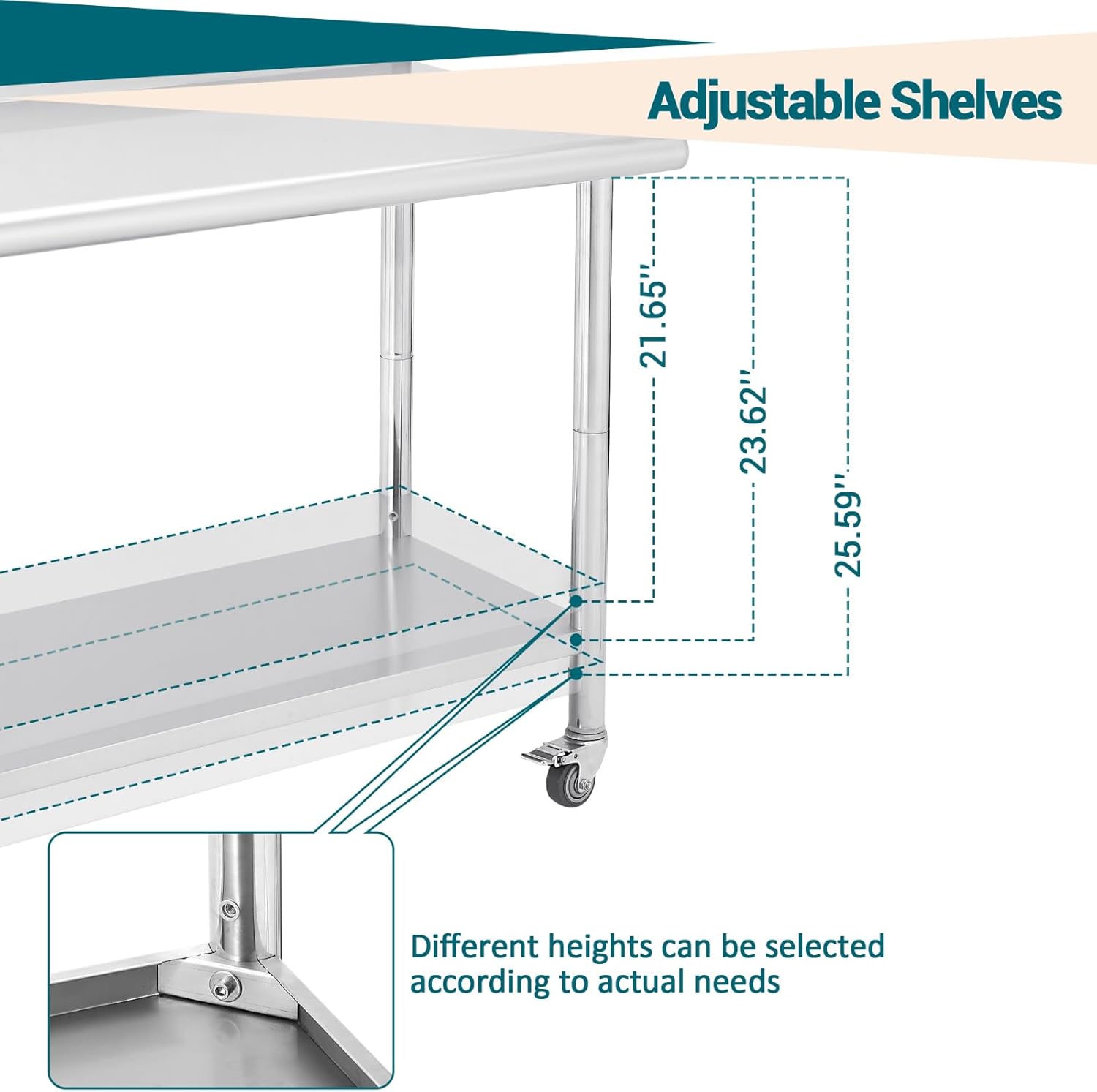 Stainless Steel Work Table with Wheels - 36"x24" Commercial Food Prep Table with Removable Trash Rack & Adjustable Undershelf, Heavy Duty Metal Worktable for Restaurant, Kitchen, Home