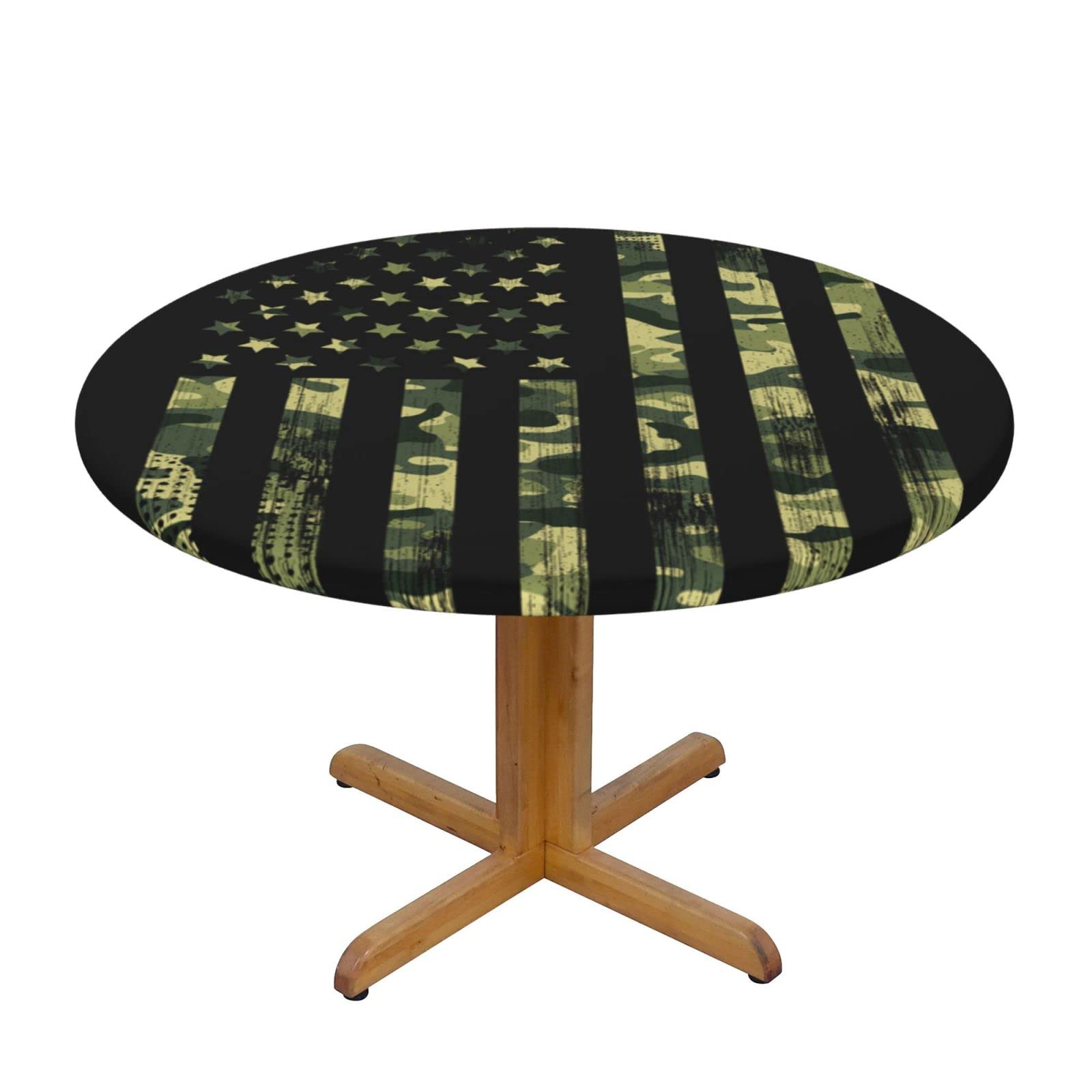 Lsjuee Round Fitted Tablecloth 40-44in Elastic Edged Table Cloth for Kitchen Dining Party Home Decor - Camo USA Flage Green Black