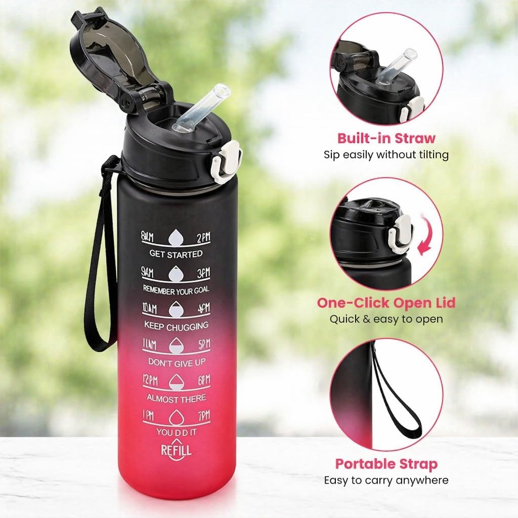 Plastic Water Bottle With Straw & Time Marker, 27 oz Leakproof Jug, Reusable Hydration Drinking Bottle for Gym, Workout, Fitness, Hiking & Outdoor Activities (Red) image 2