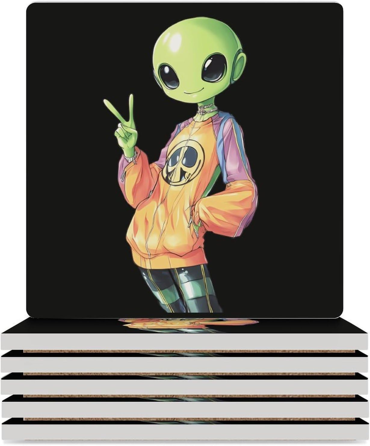 Aliens Peace Sign Funny Ceramic Coasters for Drinks Absorbent Cup Holder Tabletop Protector with Cork Base