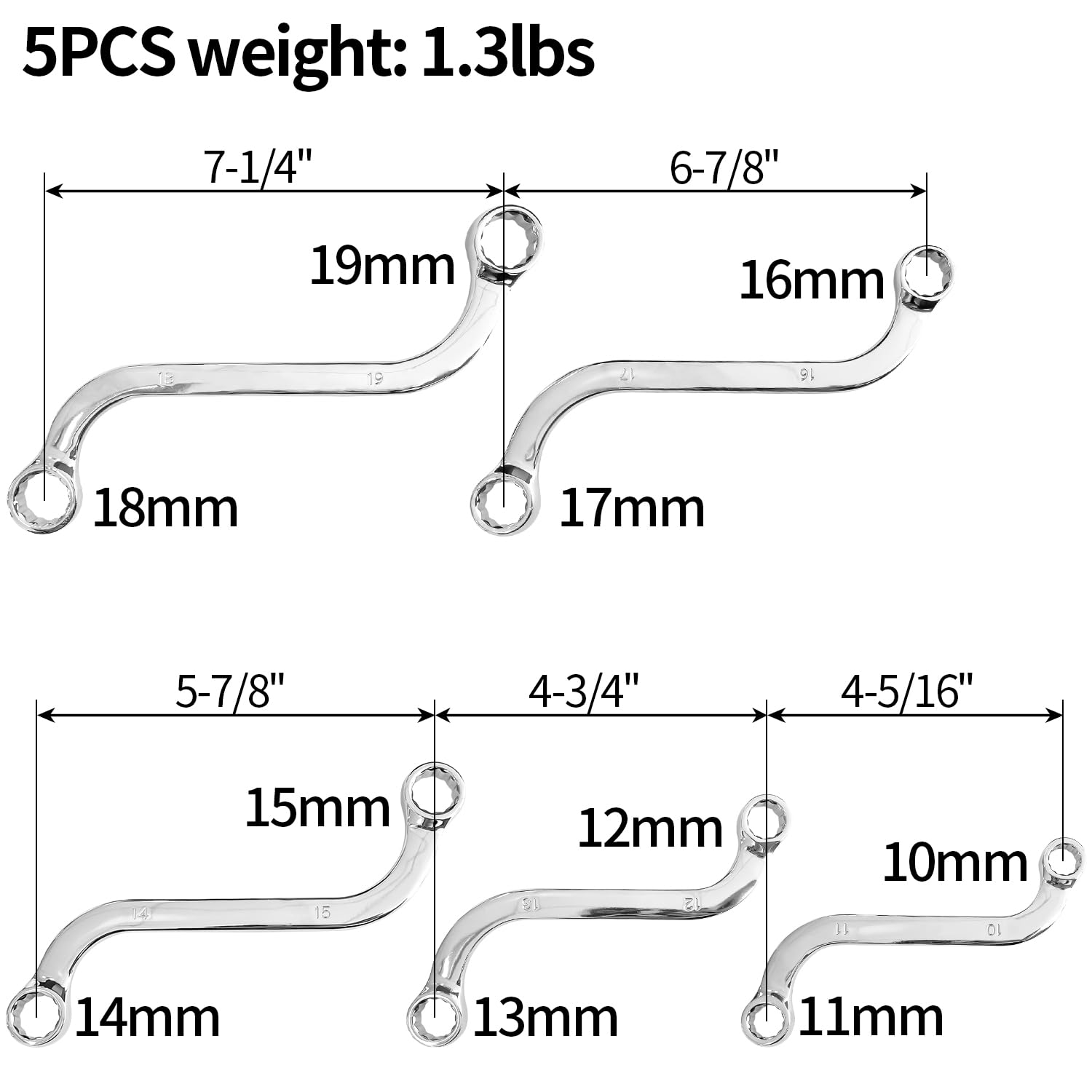 Sutekus Juego de llaves métricas estilo S con extremos dobles de caja de 12 puntos, llave en forma de S de 10 mm a 19 mm para maquinaria de mantenimiento de vehículos, 5 unidades