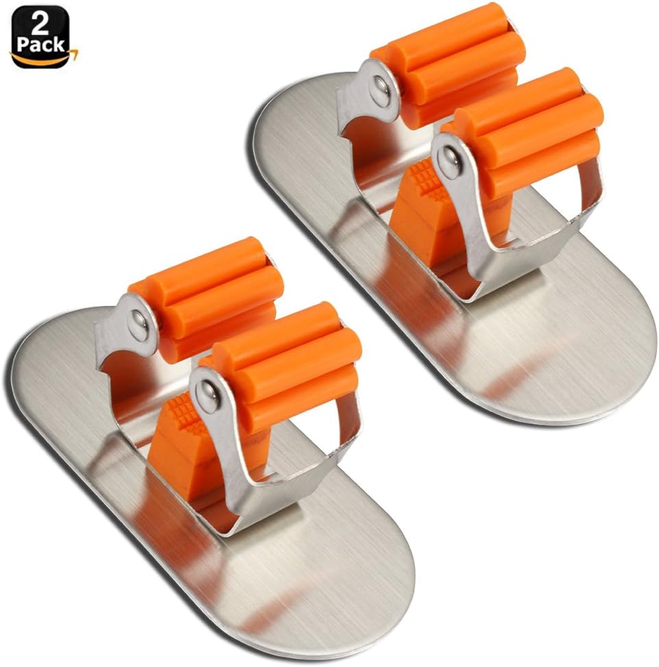 Mop Broom Holder Organizer, 2 Pcs 3M Self Adhesive Wall Mounted Mop Hooks Broom Hanger Holder with Spring Clip Design Bath Mounted Home Tools/Kitchen Organizer Rack(Oval)