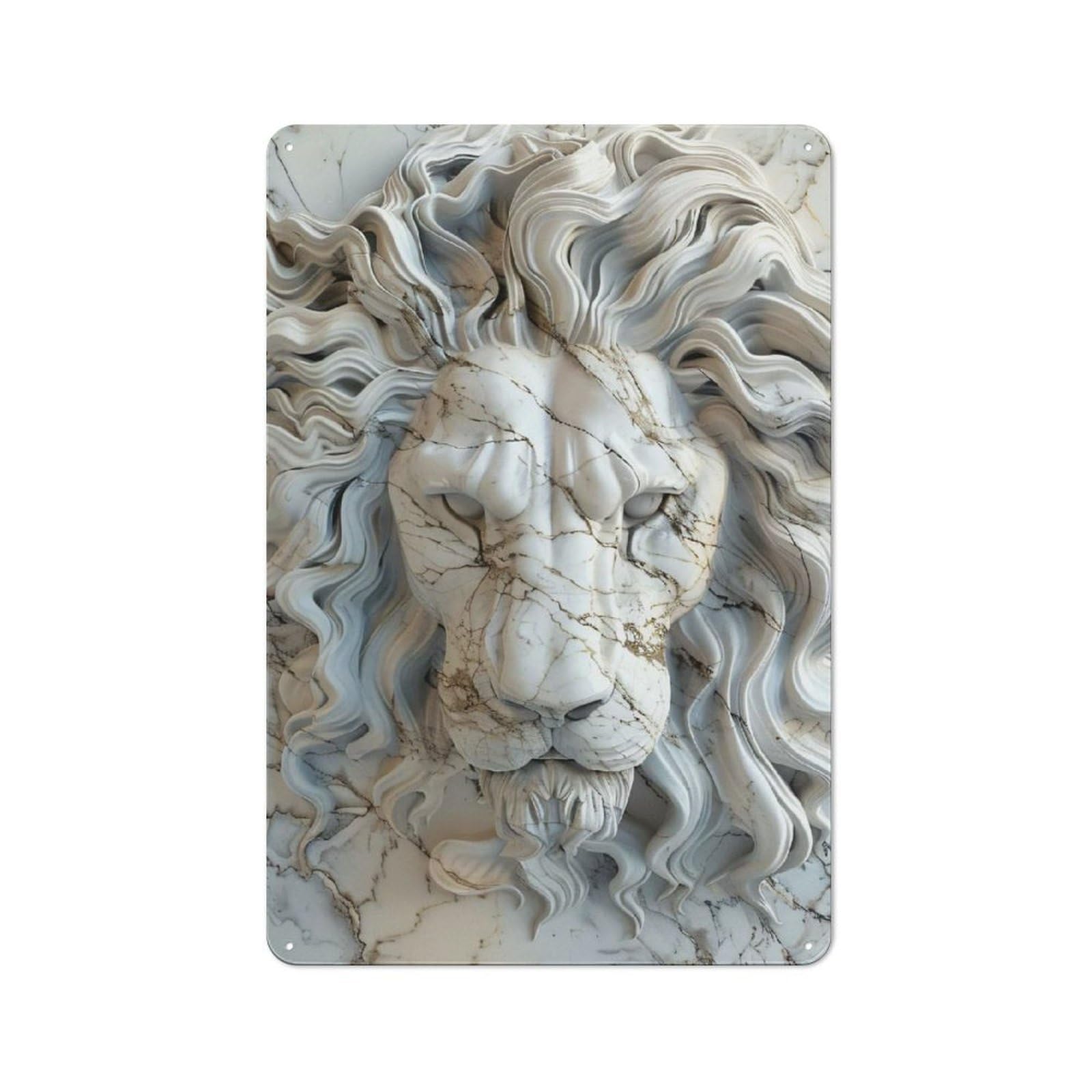 Junmoney Style-19 Marble Lion Head Statue Vintage Tin Sign 30X20cm For Café Or Restaurant, Suited To Café Owners And Decorators