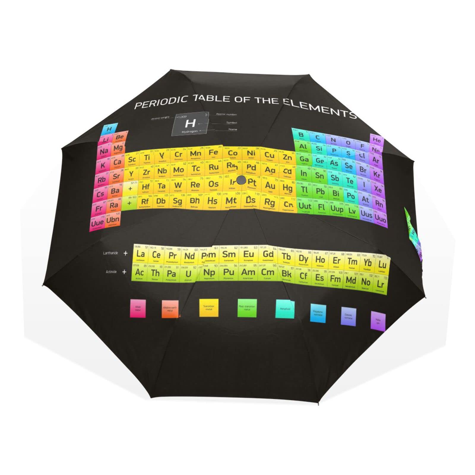 Poeticcity Colorful Periodic Table of the Elements on Black Dark Background Rain Travel Umbrella, Hand Open Close Windproof Waterproof Folding Umbrella, Compact Canopy Strong Ray Parasol Umbrella