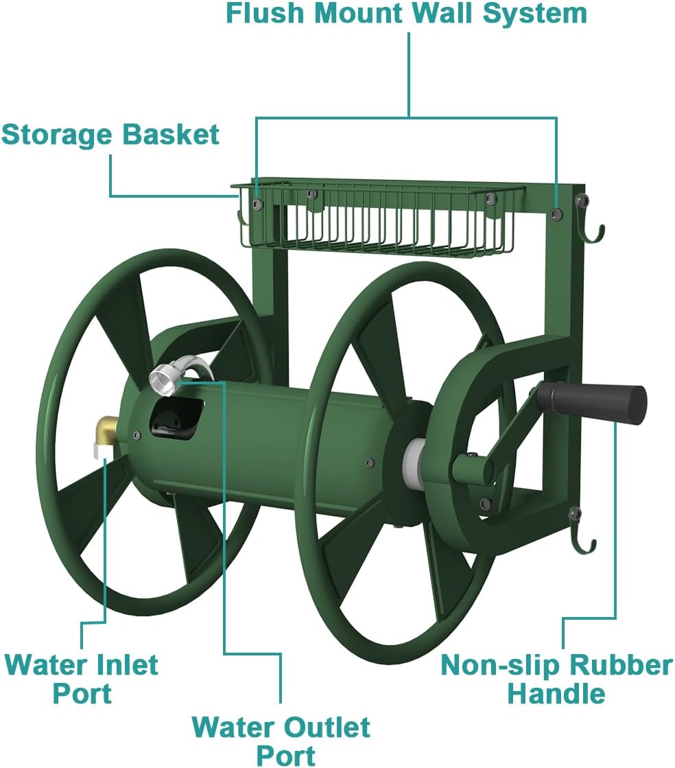 Artigarden Outdoor Wall Mounted Hose Reel with Hook, Garden Heavy-Duty Water Holder Winder with 3.9 ft Leader Hose, Brass Fitting and Storage Basket for Yard, Holds 125 Ft of 5/8-Inch Hoses, Green