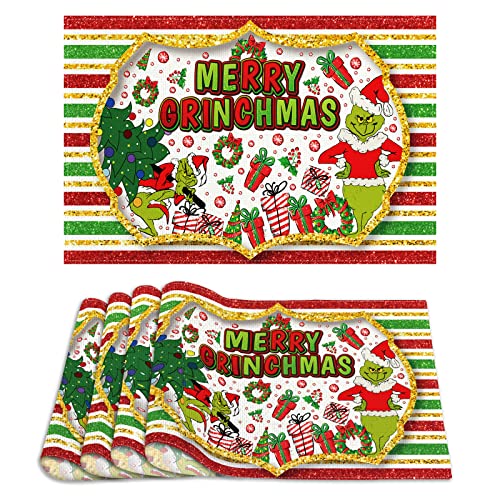 Juego de 4 manteles individuales Grinch de lino con texto en inglés "Merry Grinchmas", decoraciones y suministros navideños para el hogar, mesa de cocina, 12 x 18 pulgadas Cover