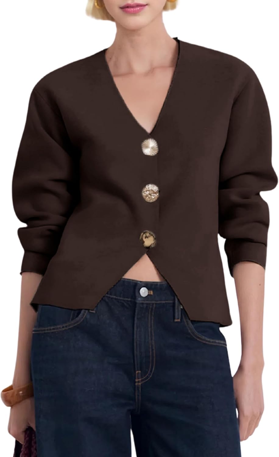 Daacee Cardigan Sweaters for Women V Neck Long Sleeve Gold Button Down Knit Cardigans Tops Outwear Coffee Medium